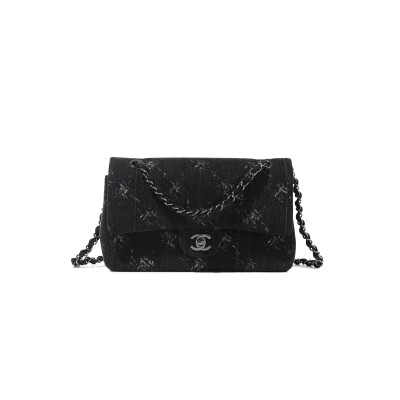 CHANEL MASTER BLACK QUILTED DENIM MEDIUM TIMELESS DOUBLE FLAP BLACK HARDWARE (25.5*15.5*6.5cm) 